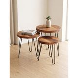 Pera Home Masif Ceviz Oval Yan Sehpa - Firkete Metal Ayaklı Ahşap Tekli Zigon Sehpa – Small 20–25CM - 3'lü Set – S + M + L