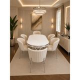 Pera Krom Serisi 6 Kişilik Krem Kumaş 90*168 Beyaz Lake Panel Yemek Masası Takımı – Luxury Concept