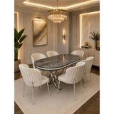Pera Krom Serisi 6 Kişilik Krem Kumaş 90*168 Irony Lake Panel Yemek Masası Takımı – Luxury Concept