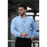 Pera Kumaş Keten Görünümlü Yarım Oversize Uzun Kollu Erkek Gömlek - Açık Mavi - Acık Mavi