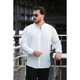 Pera Kumaş Keten Görünümlü Yarım Oversize Uzun kollu Erkek Gömlek - Beyaz - XL