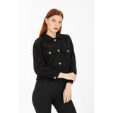 PERA MODA Crop Ceket Gömlek Yaka Çift Cepli Düğmeli Kadın Dokuma