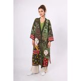Peraluna Magic Moments Jakarlı Kadın Uzun Triko Kimono - Koyu Yeşil Multi
