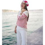 Peraluna Styleboom x Peraluna Audrey Pullover Omzu Düğmeli Çizgili Organik Pamuk Kadın Triko Kazak - Ekru - Kırmızı