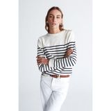 Peraluna Styleboom x Peraluna Audrey Pullover Omzu Düğmeli Çizgili Organik Pamuk Mevsimlik Kadın Triko Kazak ekru/lacivert - Ekru - Lacivert