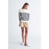 Peraluna Styleboom x Peraluna Bardot Pullover Omzu Düğmeli Çizgili Organik Pamuk Kadın Triko Kazak - Ekru - Lacivert