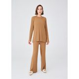 Peraluna Yırtmaçlı Bol Kesim Kaşmir Karışım Kadın Triko Kazak Camel - XL
