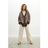 Peraluna ZEBRA CARDIGAN V Yaka Zebra Desen Organik Pamuk-Yün Karışım Geniş Kesim Kadın Triko Hırka - Kahve