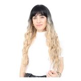 Perçemli uzun su dalgası fiber sentetik peruk / siyah / balköpüğü ombreli
