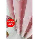 Perde Pendik Fon Şeker Pembe Pufy Püsküllü Ponponlu Sık Pileli Keten Pano Tek Kanat,Şeker 150 X 255