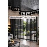 perde plus Püsküllü Keten Tül Perde Siyah – Korniş Uyumlu & Rustik Halkalı –Bohem Salon Yatak Odası Mutfak Tülü