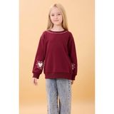 Perendi Bordo Kız Çocuk Sweatshirt Uzun Kol Bisiklet Yaka ile Eğlenceli Tasarım