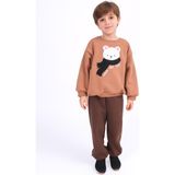 Perendi Erkek Çocuk Ayıcık Aplikeli Sweat ve Eşofman Altı Içi Polarlı Kışlık Takım - Sütlü Kahve - 4 - 5 Yaş