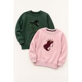 Perendi Kız Çocuk Aplike Nakışlı Bisiklet Yaka 2'li Sweatshirt - Pembe - Yeşil - 5 - 6 Yaş