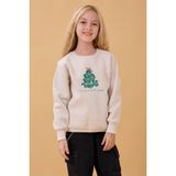 Perendi Kız Çocuk Bisiklet Yaka Nakış Detaylı Kışlık Sweatshirt - Taş - 9 - 10 Yaş