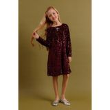 Perendi Kız Çocuk Pullu Uzun Kollu Kadife Elbise – Broş Hediyeli Özel Gün Bayramlık Elbise - 6 - 7 Yaş - Bordo