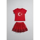 Perendi Kız Çocuk Türk Bayrak Baskılı Pul Payetli Etekli Takım - 4 - 5 Yaş - Kırmızı