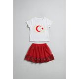 Perendi Kız Çocuk Türk Bayrak Baskılı Pul Payetli Etekli Takım - 9 - 10 Yaş - Ekru - Kırmızı