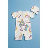 Perendi Unicorn Baskılı Kız Çocuk Tulum Mayo - Ekru - 7 - 8 Yaş
