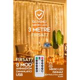 Peri LED 3x3 Metre 8 Fonksiyonlu Peri LED Işık Saçak LED Işık LED Yılbaşı Işığı Süsü Kumandalı USB - 3000K - Günışığ