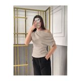 peri tower Drape/Büzgü Bej Detaylı Dökümlü Asimetrik Yaka Örme Krep Kumaş Bluz 0028