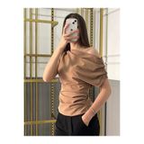 peri tower Drape/Büzgü Detaylı Dökümlü Asimetrik Yaka Örme Krep Kumaş Bluz 0028