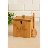 PERLAEVKAHVE Bambu Kapaklı Kaşıklı 12x12 Çok Amaçlı Baharat ve Tuzluk Kutusu – Kitchen Yazılı