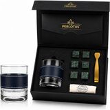 Perlotus Lacivert Hakiki Deri Kılıflı Viski Bardağı Seti 210 cc Kristal Kadeh, 6 Granit Viski Taşı, Gold Buz Maşası, Premium Hediye Kutusu - 205 ml