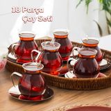 Perotti 16474 Keyfi Ala 18 Parça 6 Kişilik Çay Seti – 200 ml Borosilikat Cam Kulplu Tombik Bardak ve Metal Çay Tabağı Takımı