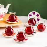Perotti 17900 Beyoğlu 12 Parça 6 Kişilik Çay Seti Borosilikat Cam Tombik Bardak ve Porselen Çay Tabağı Takımı 210 ml