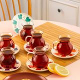 Perotti 17901 Beyoğlu 12 Parça 6 Kişilik Çay Seti Borosilikat Cam Kulplu Tombik Bardak ve Porselen Çay Tabağı Takımı 210 ml