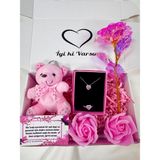 Perry Accessories Kararmaz Çelik Pembe Kalp Kolye Yüzük ve Kokulu Gül ile Solmayan Sonsuzluk Günü Hediye Sepeti