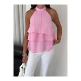 Perry Boutique Halter Yaka Kat Kat Volanlı Dokulu Şifon Bluz
