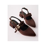 perry shoes VERNIS Kadın Acı Kahve Süet Çift Bant Tokalı Sivri Burun Slingback Kalın Topuklu Ayakkabı