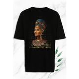 perseusshopping Unisex Siyah Oversize Antik Mısır Kraliçe Nefertiti Heykel Baskılı Tişört OVR 109