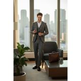 Pessina Erkek Siyah-Gri Ceket+Pantolon+Yelek Çift Yırtmaçlı Slim Fit Takim Elbise Siyah 48/6