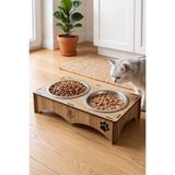 Pet Magic 2'li Mama Kabı, Ahşap Çelik Kaseli Kedi Mama Kabı, Ahşap Standlı, Metal Kaseli
