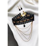 Petek Aksesuar GOTİK PUNK ZİNCİR SALLANTILI TASMA CHOKER KOLYE KÜPE SET