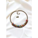 Petek Aksesuar RENKLİ TAŞLI PARLAK TASMA CHOKER KOLYE KÜPE SET