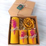 Petekoğlu Balmumu Mum Dekoratif Hediye Kutusu 4 Lü Set Doğal Petek Beeswax Candle Açmış Gül (Kırmızı süslemeli açmiş gül)