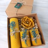 Petekoğlu Balmumu Mum Dekoratif Hediye Kutusu 4 Lü Set Doğal Petek Beeswax Candle Açmış Gül (Mavi süslemeli açmış gül)