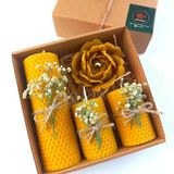Petekoğlu Balmumu Mum Dekoratif Hediye Kutusu 4 Lü Set Doğal Petek Beeswax Candle Açmış Gül (Yeşil Krem Süslemeli Açmış Gül) [Enerji Sınıfı A]