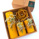 Petekoğlu Balmumu Mum Dekoratif Hediye Kutusu 4 Lü Set Doğal Petek Beeswax Candle Açmış Gül (Yeşil Krem süslemeli açmış gül)