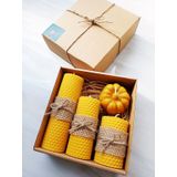 Petekoğlu Balmumu Mum Dekoratif Hediye Kutusu 4 Lü Set Doğal Petek Beeswax Candle Bal Kabağı (Jüt kumaş)
