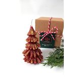 Petekoğlu Doğal Petek Balmumu Mum Kırmızı Altın Simli Çam Ağacı Boy 8.5 Cm Bal Mumu Beeswax Candle