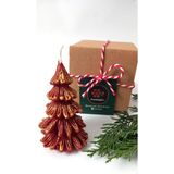 Petekoğlu Doğal Petek Balmumu Mum Kırmızı Altın Simli Çam Ağacı Boy 8.5 cm Bal Mumu Beeswax - Çok Renkli