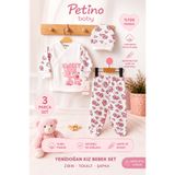 Petino Sweet Ayıcık 3 Parça Yenidoğan Kız Bebek Zıbın Takımı %100 Pamuk Pembe