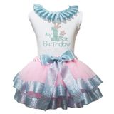 Petitebelle My 1st Birthday Beyaz Gömlek Pembe Mavi Petal Etek Seti Nb-2y, pinguin gri, 3-12 Months
