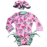Petityu Aşırı Şirin Güneş Korumalı Uzun Kollu Karpuz Desenli Pembe Mint Kız Çocuk Bebek Mayo Ve Şapka Set 4-6 Yaş