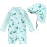 Petityu Güneş Korumalı Uzun Kollu Caretta Caretta Su Yeşili Şapka Mayo Set - 18 - 24 Ay